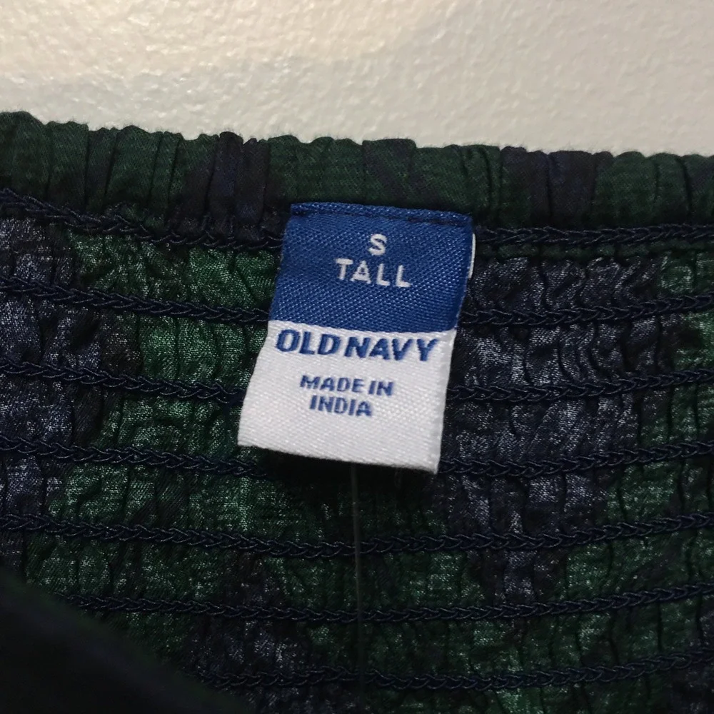 Old Navy Plaid Puff Sleeve Blouse Women Small Tall Green Navy Peplum Top